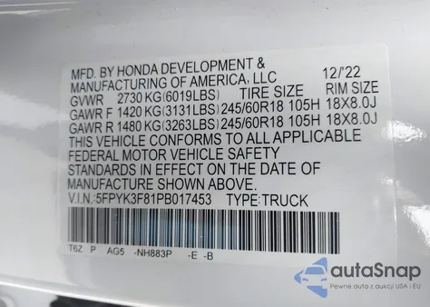 2023 Honda Ridgeline Black Edition из США, поврежденный, VIN 5FPYK3F81PB017453